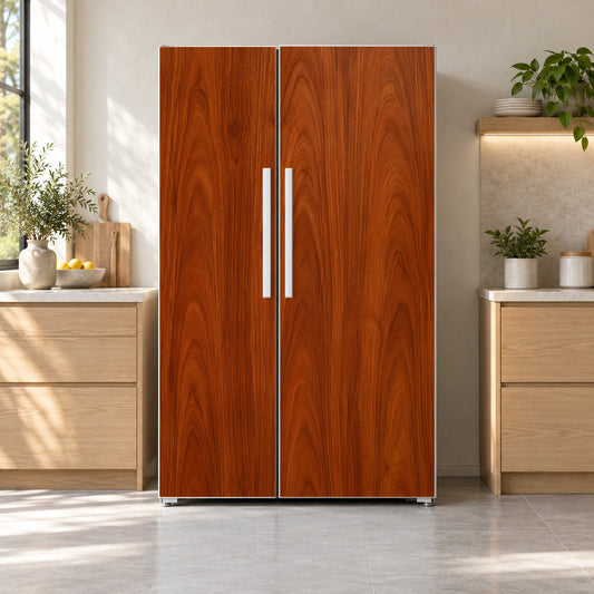 Cherry Wood fridge wrap on a side-by-side refrigerator