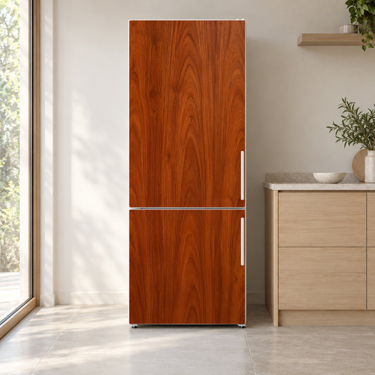 Cherry Wood fridge wrap on a white refrigerator in a bright kitchen