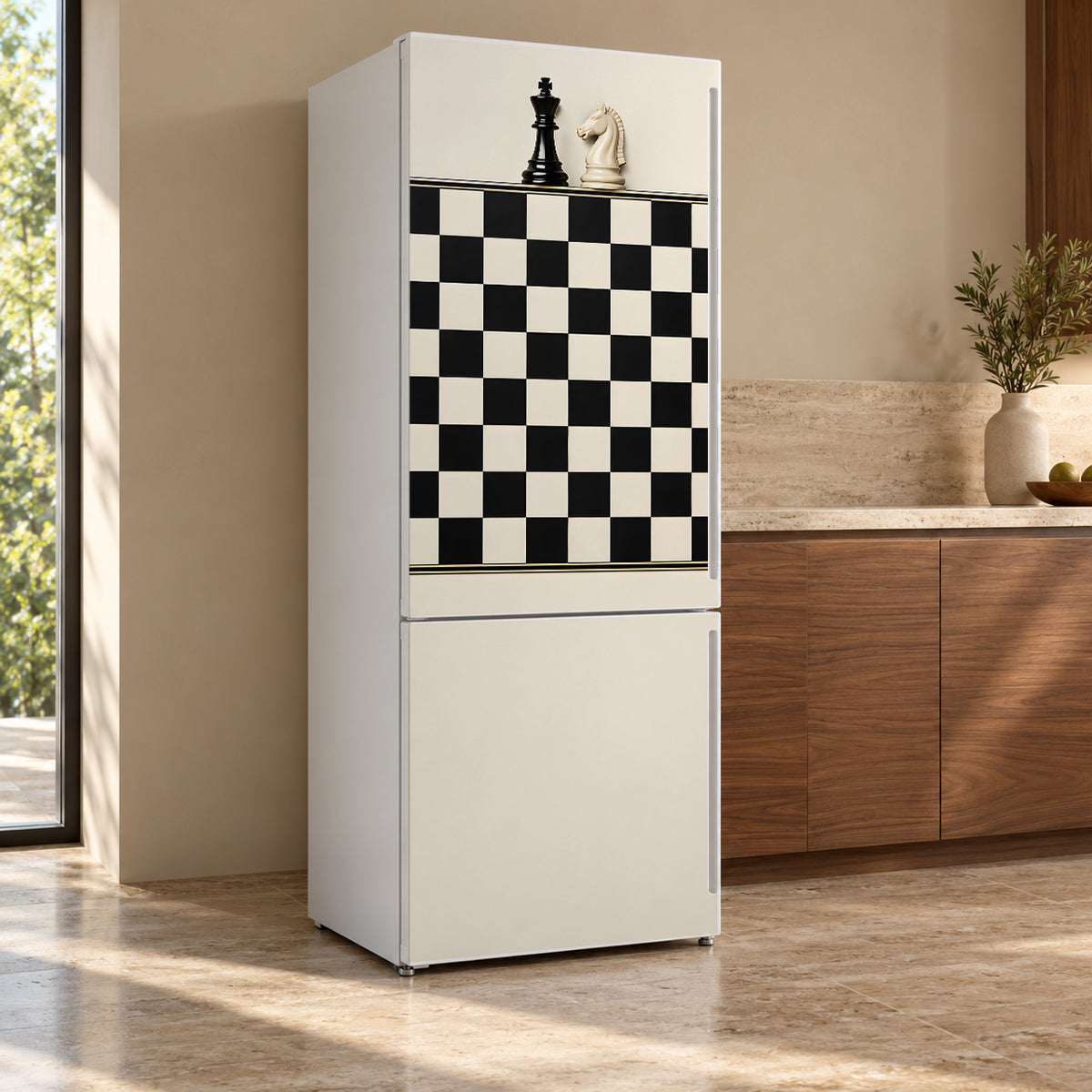 Chess Board fridge wrap, refrigerator shown at an angle