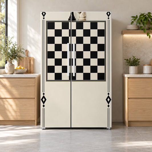 Chess Board fridge wrap on a side-by-side refrigerator