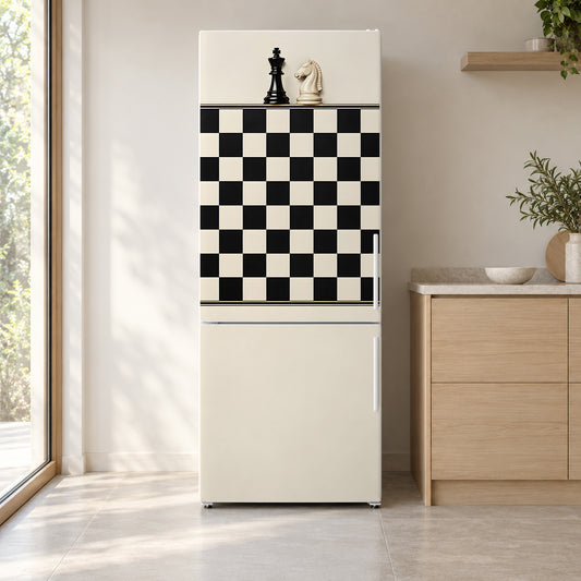 Chess Board fridge wrap on a white refrigerator in a bright kitchen