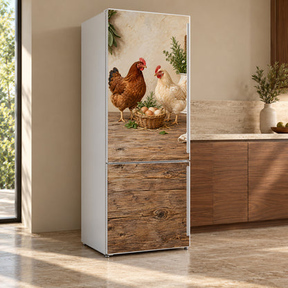 Chickens & Fresh Eggs fridge wrap, refrigerator shown at an angle