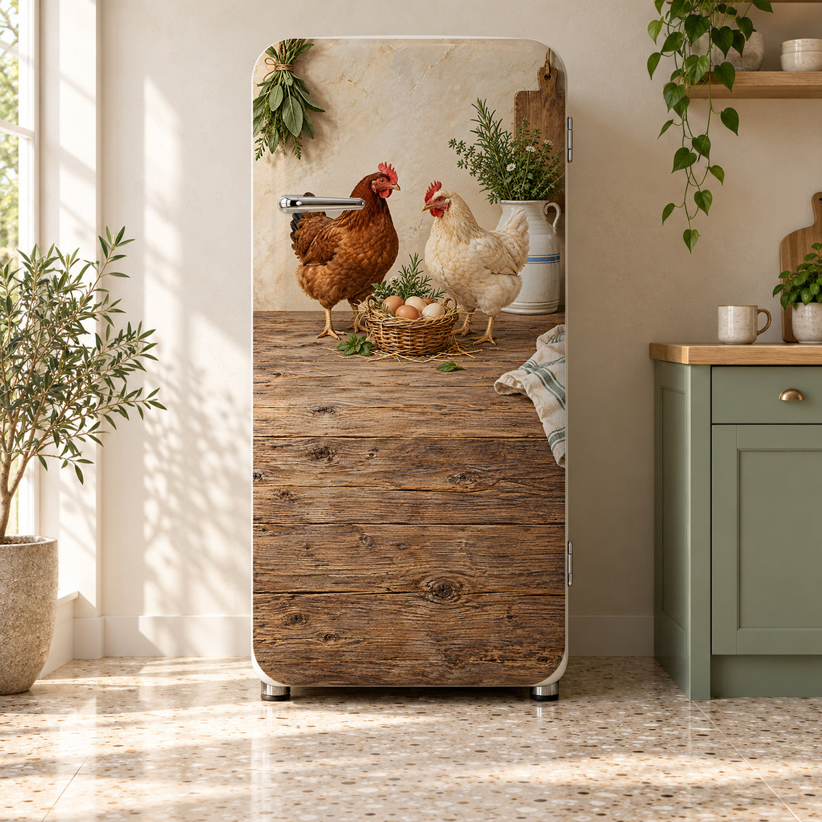 Chickens & Fresh Eggs fridge wrap on a retro refrigerator
