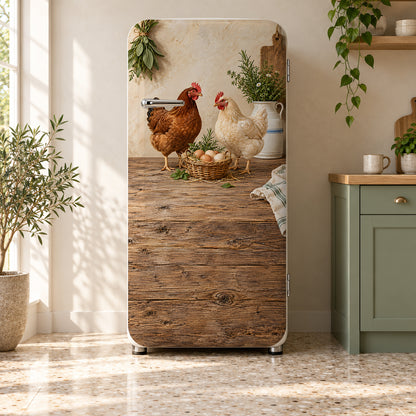 Chickens & Fresh Eggs fridge wrap on a retro refrigerator