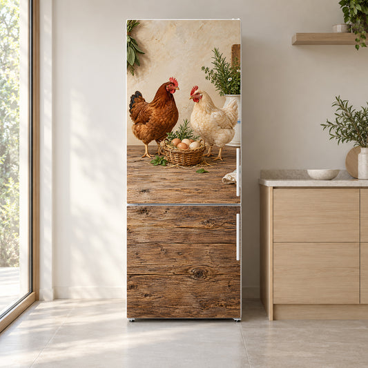 Chickens & Fresh Eggs fridge wrap on a white refrigerator in a bright kitchen