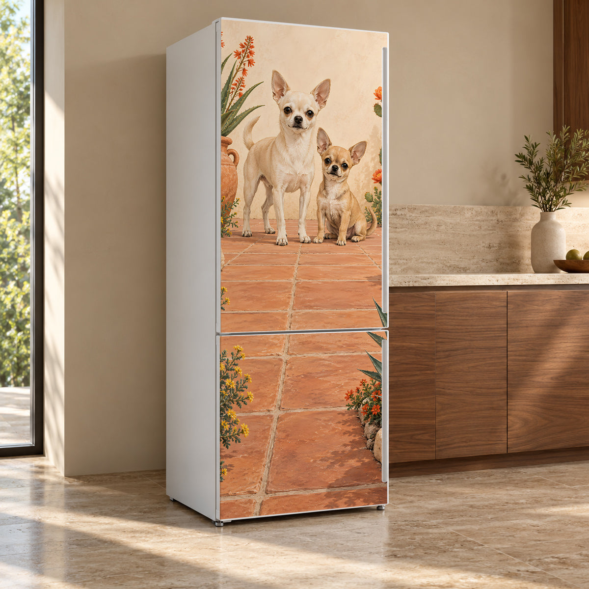 Chihuahuas fridge wrap, refrigerator shown at an angle