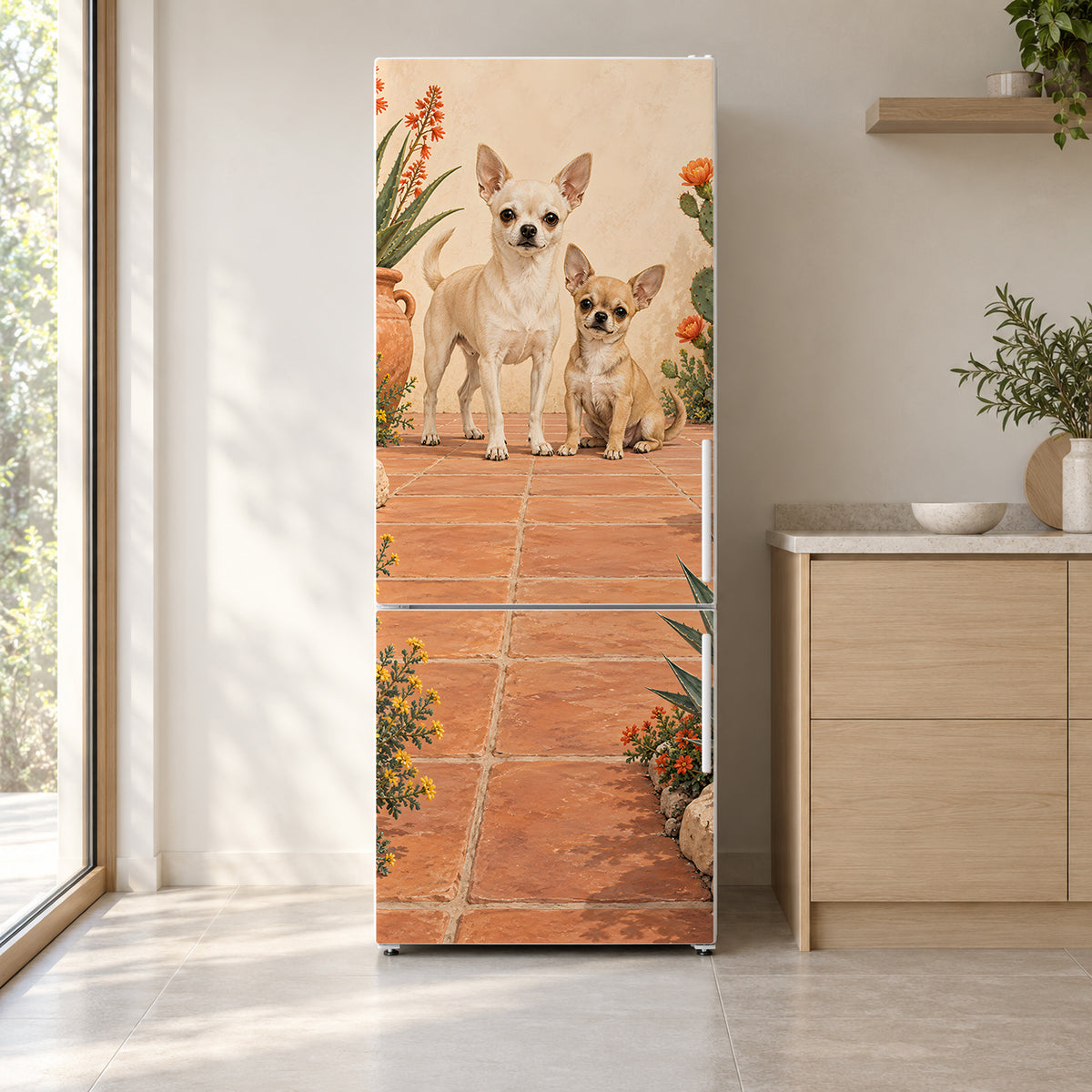 Chihuahuas fridge wrap on a white refrigerator in a bright kitchen