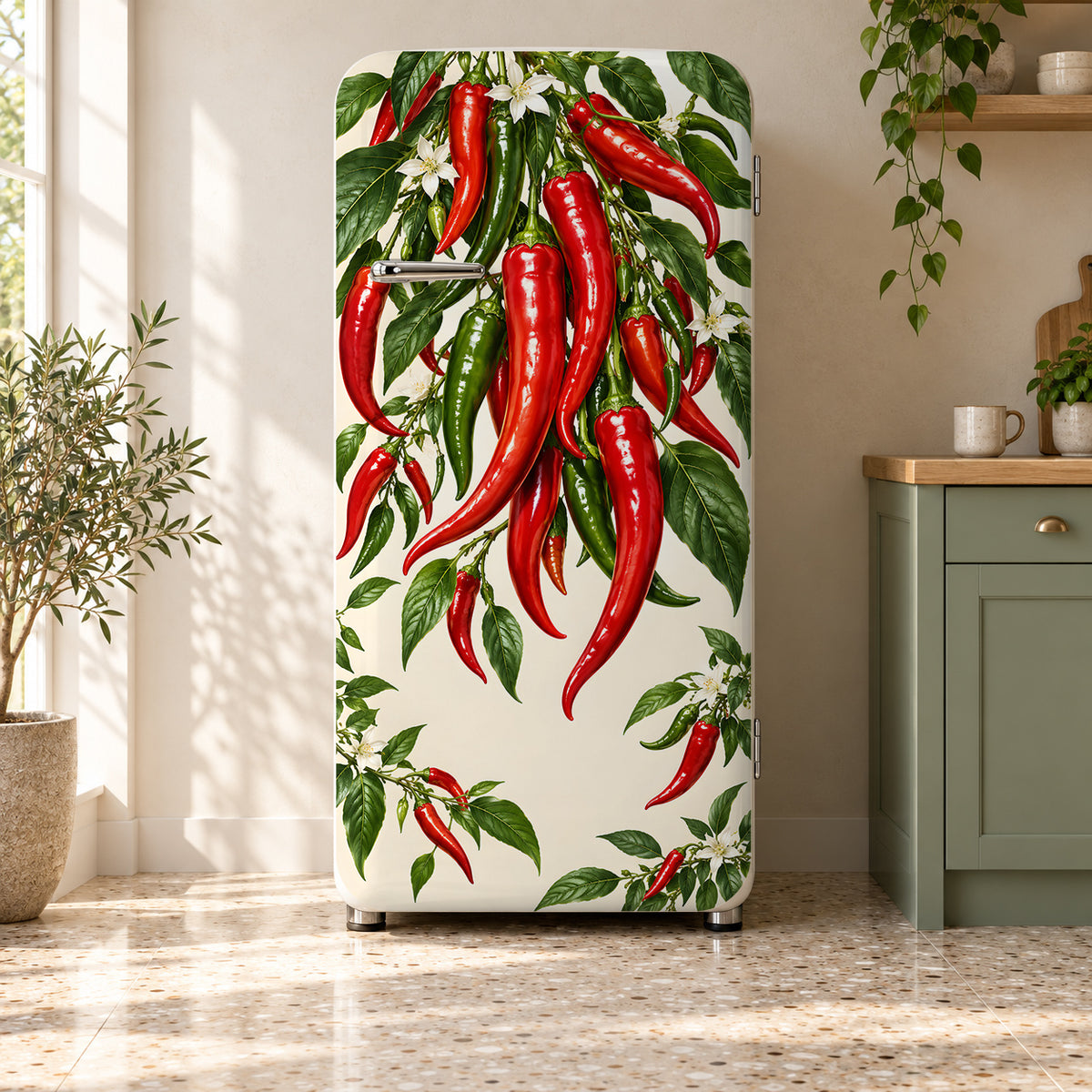 Chili Peppers fridge wrap on a retro refrigerator