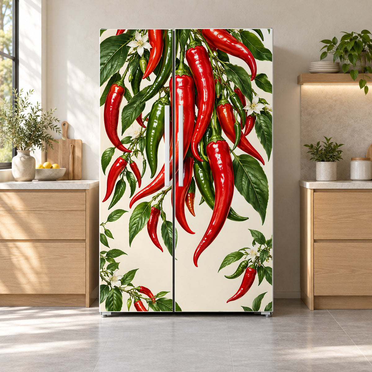 Chili Peppers fridge wrap on a side-by-side refrigerator