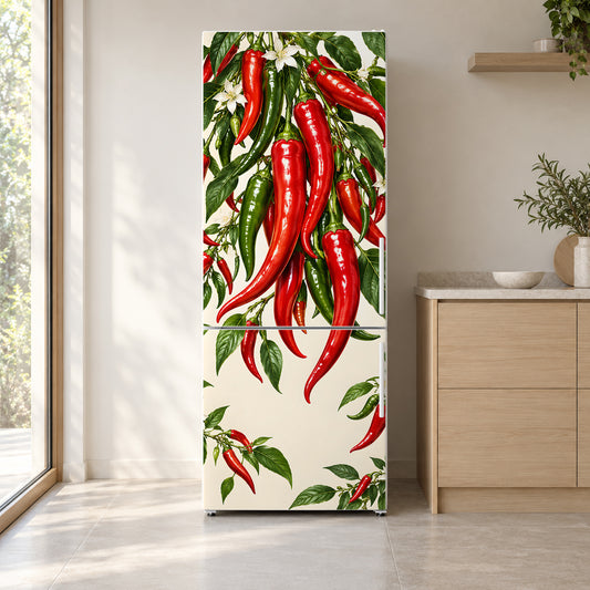 Chili Peppers fridge wrap on a white refrigerator in a bright kitchen
