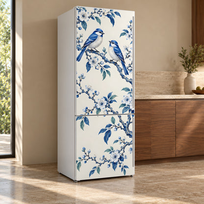 Chinoiserie Birds & Blossoms fridge wrap, refrigerator shown at an angle