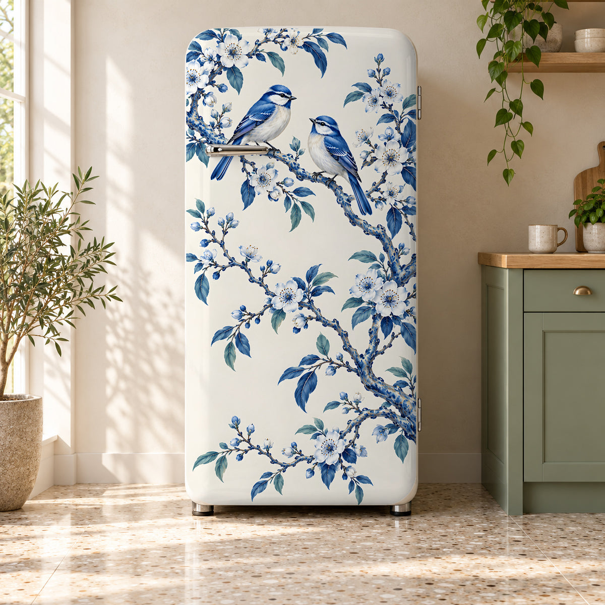 Chinoiserie Birds & Blossoms fridge wrap on a retro refrigerator