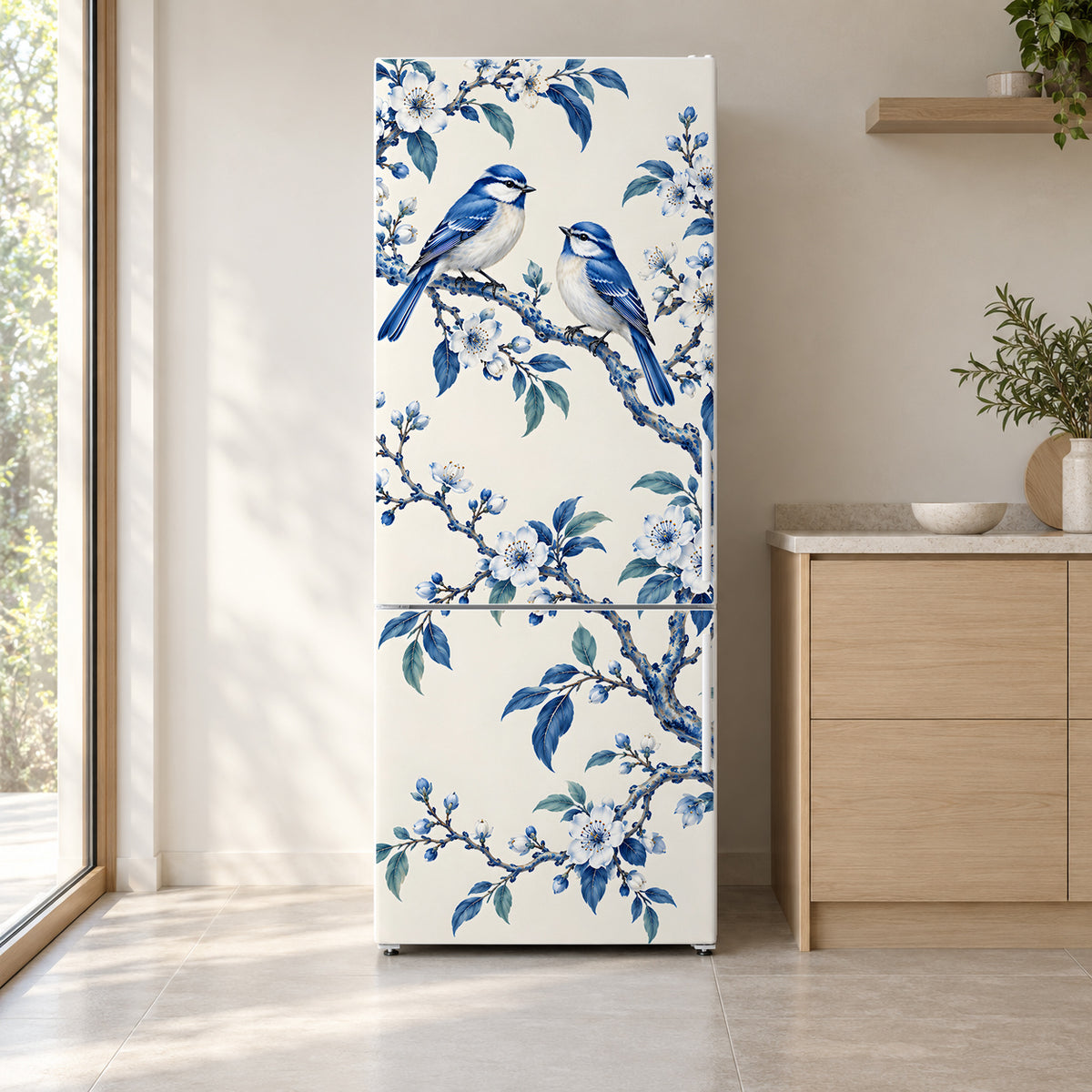 Chinoiserie Birds & Blossoms fridge wrap on a white refrigerator in a bright kitchen