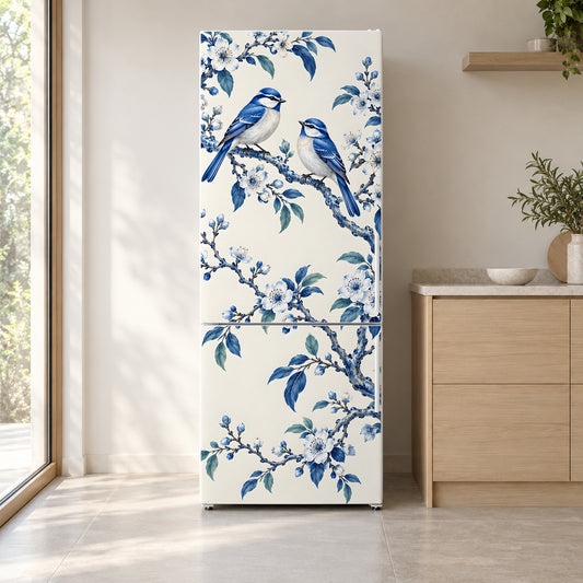 Chinoiserie Birds & Blossoms fridge wrap on a white refrigerator in a bright kitchen