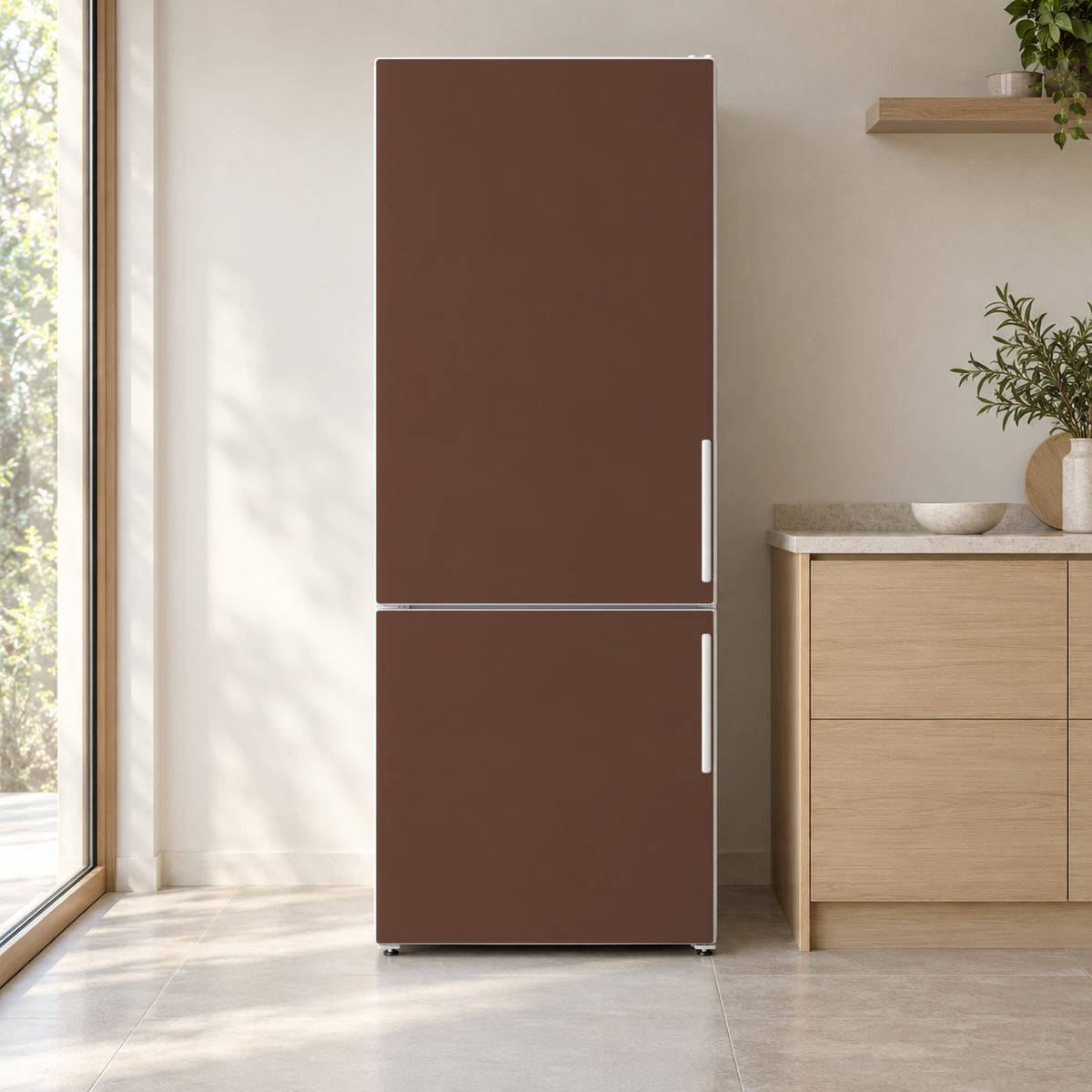 Chocolate Brown fridge wrap on a white refrigerator in a bright kitchen