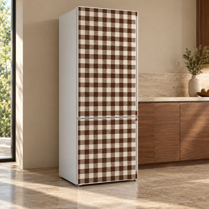 Chocolate Brown Gingham fridge wrap, refrigerator shown at an angle