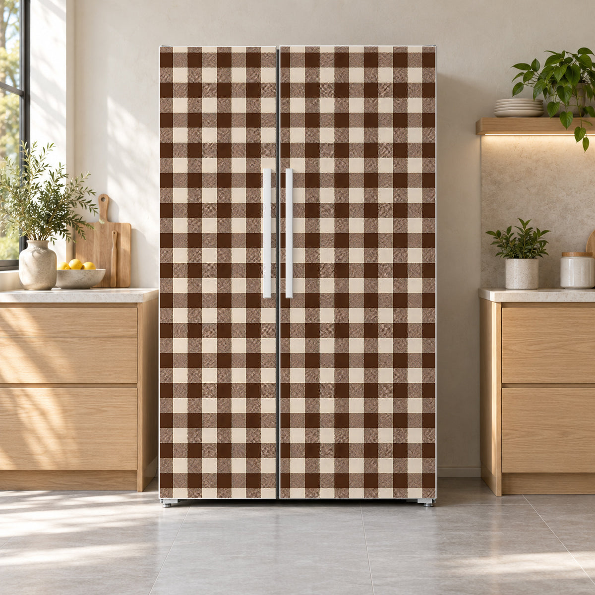 Chocolate Brown Gingham fridge wrap on a side-by-side refrigerator