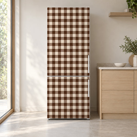 Chocolate Brown Gingham fridge wrap on a white refrigerator in a bright kitchen