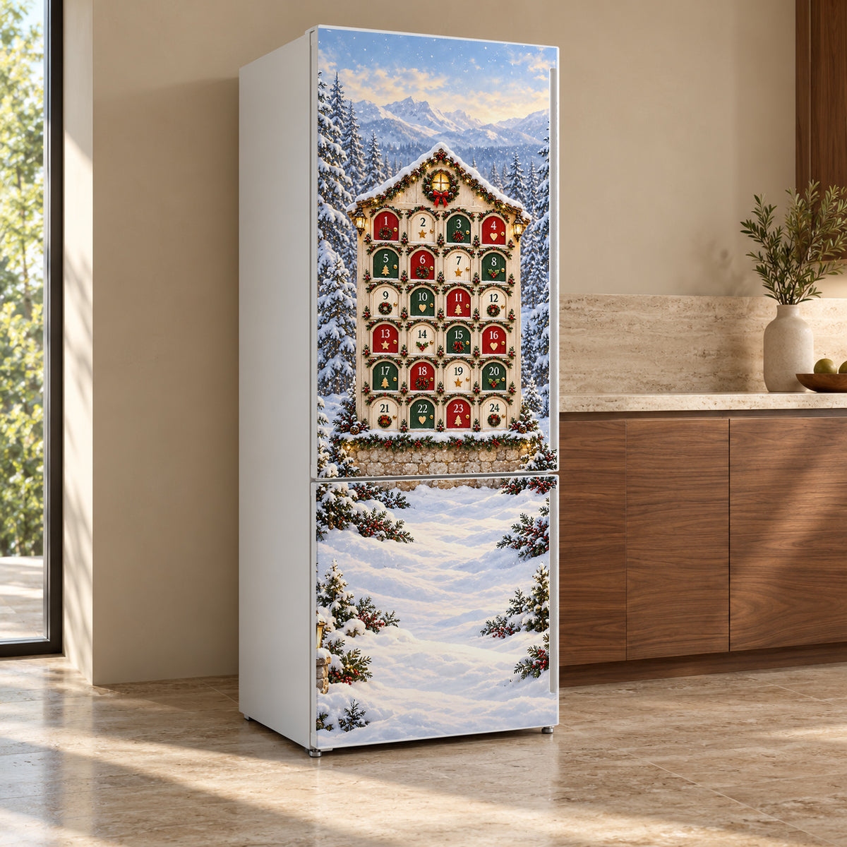 Christmas Advent Calendar Doors fridge wrap, refrigerator shown at an angle