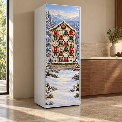 Christmas Advent Calendar Doors fridge wrap, refrigerator shown at an angle