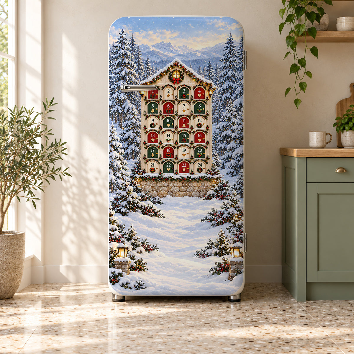 Christmas Advent Calendar Doors fridge wrap on a retro refrigerator