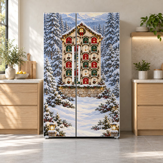 Christmas Advent Calendar Doors fridge wrap on a side-by-side refrigerator