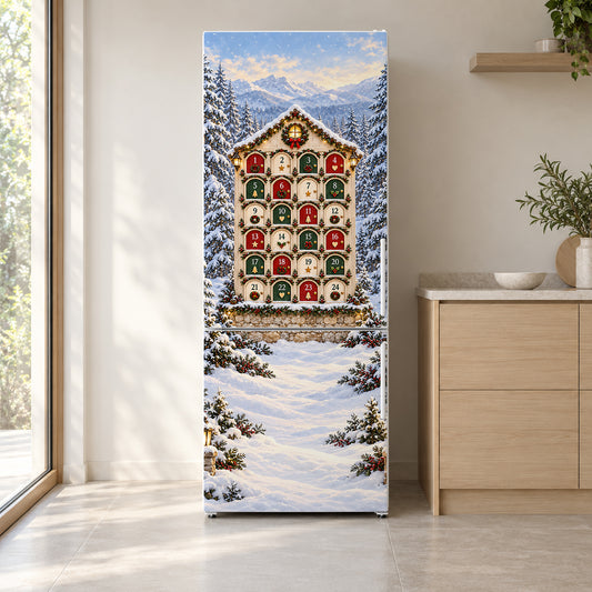 Christmas Advent Calendar Doors fridge wrap on a white refrigerator in a bright kitchen
