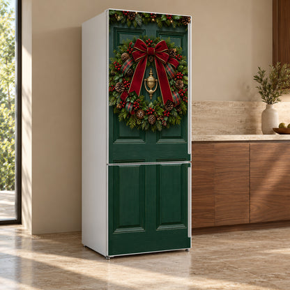 Christmas Front Door Wreath fridge wrap, refrigerator shown at an angle