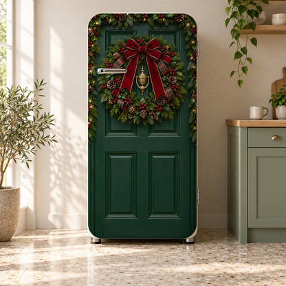 Christmas Front Door Wreath fridge wrap on a retro refrigerator