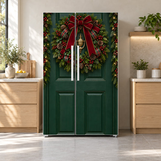 Christmas Front Door Wreath fridge wrap on a side-by-side refrigerator