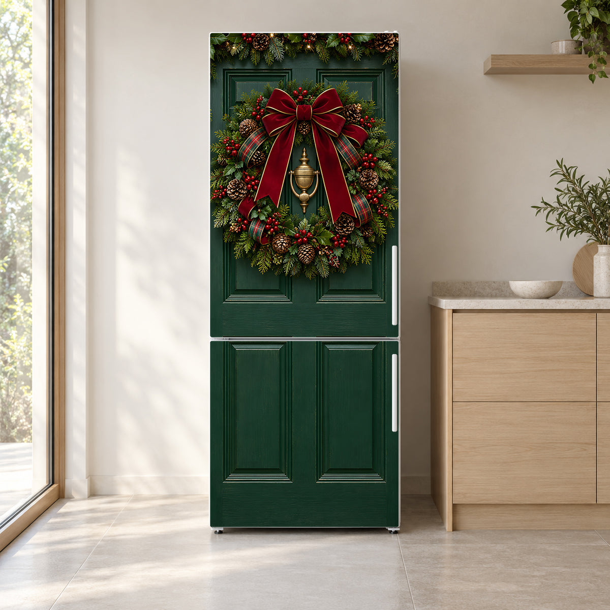Christmas Front Door Wreath fridge wrap on a white refrigerator in a bright kitchen