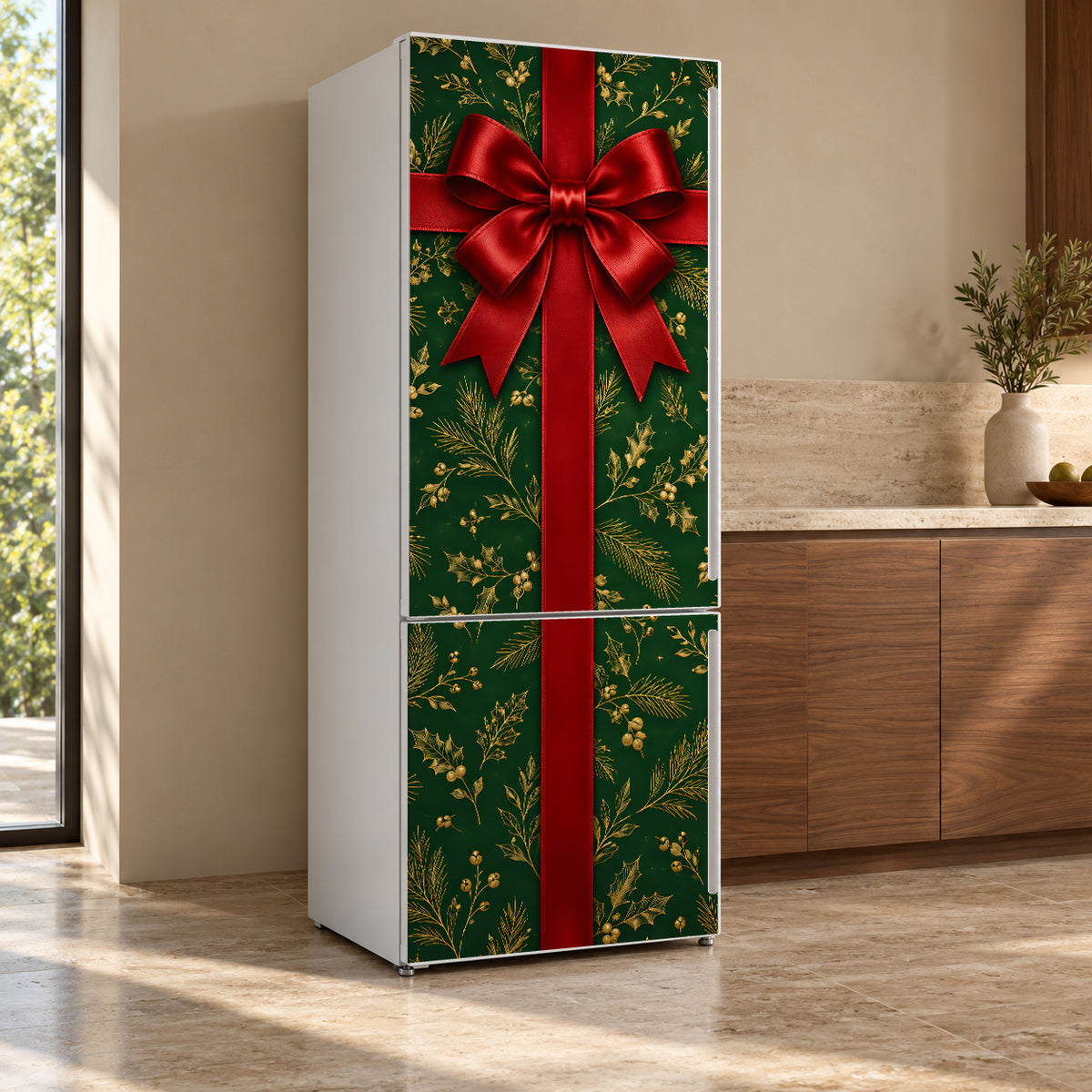 Christmas Gift Wrap fridge wrap, refrigerator shown at an angle