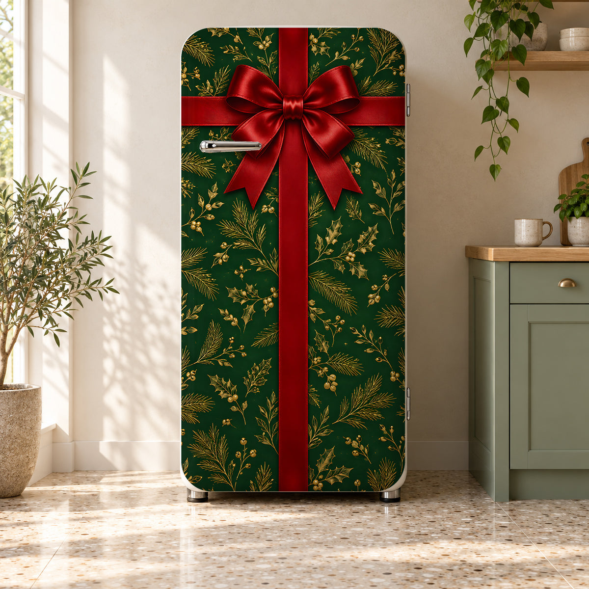 Christmas Gift Wrap fridge wrap on a retro refrigerator