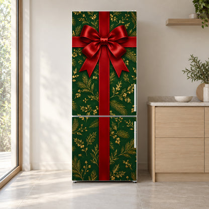 Christmas Gift Wrap fridge wrap on a white refrigerator in a bright kitchen