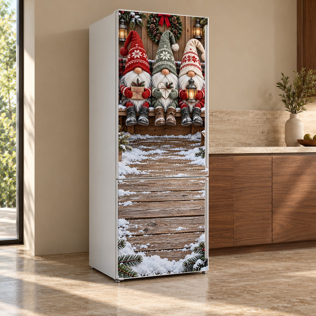 Christmas Gnomes fridge wrap, refrigerator shown at an angle