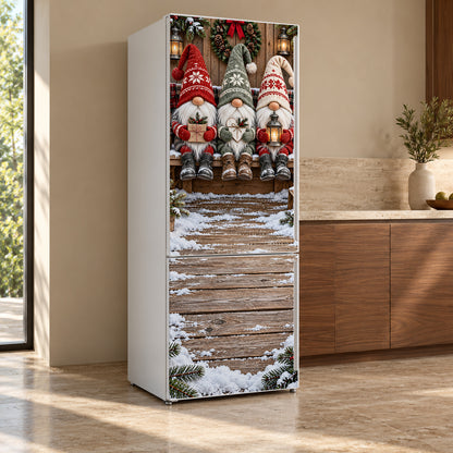 Christmas Gnomes fridge wrap, refrigerator shown at an angle