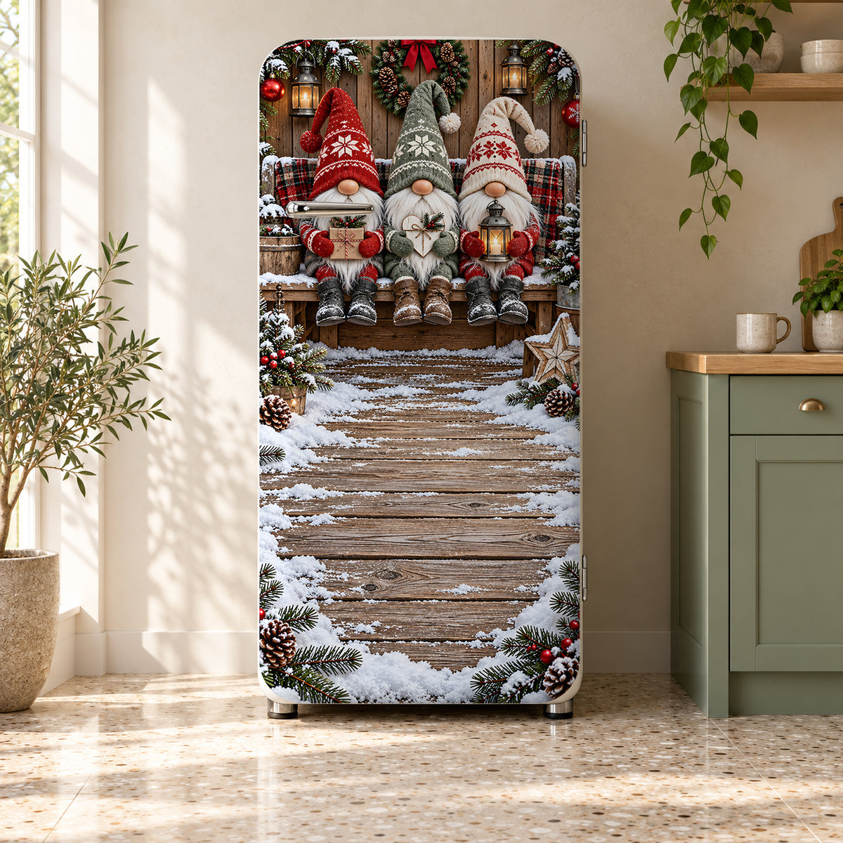 Christmas Gnomes fridge wrap on a retro refrigerator