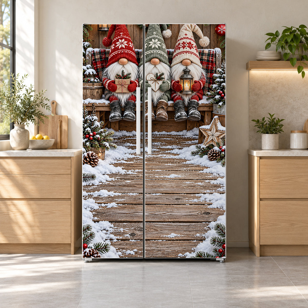 Christmas Gnomes fridge wrap on a side-by-side refrigerator