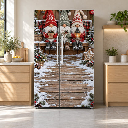 Christmas Gnomes fridge wrap on a side-by-side refrigerator