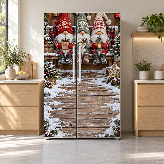 Christmas Gnomes fridge wrap on a side-by-side refrigerator