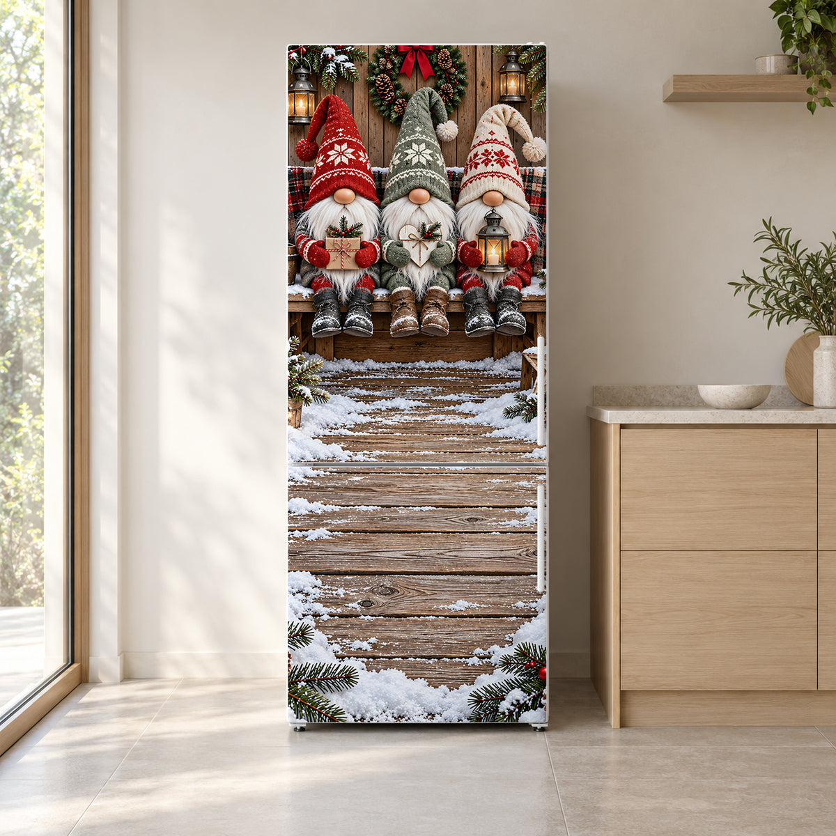 Christmas Gnomes fridge wrap on a white refrigerator in a bright kitchen