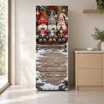 Christmas Gnomes fridge wrap on a white refrigerator in a bright kitchen