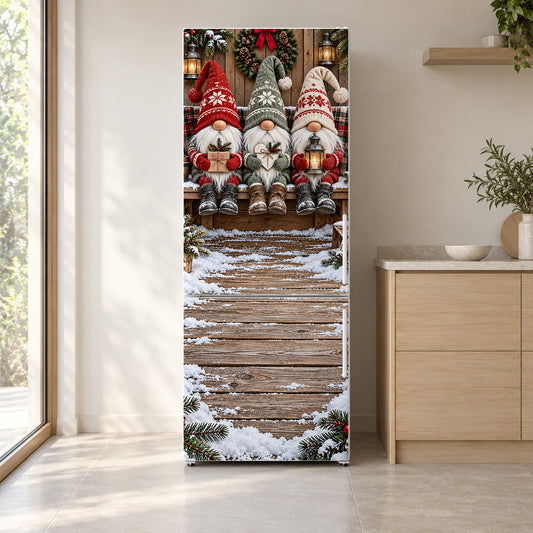 Christmas Gnomes fridge wrap on a white refrigerator in a bright kitchen