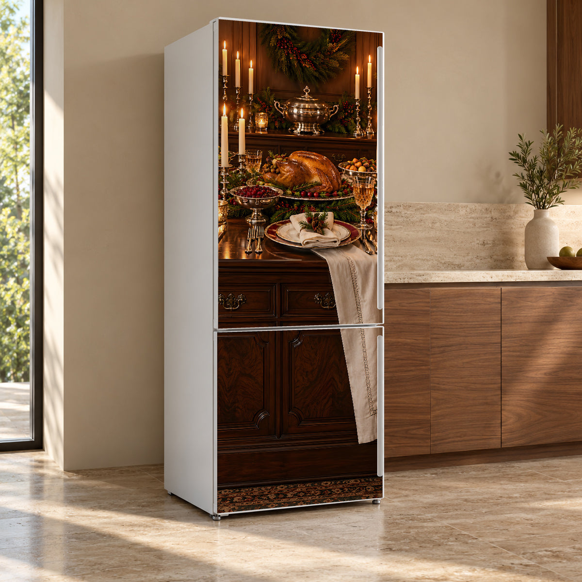 Christmas Supper Club Table fridge wrap, refrigerator shown at an angle