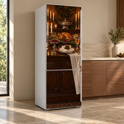 Christmas Supper Club Table fridge wrap, refrigerator shown at an angle