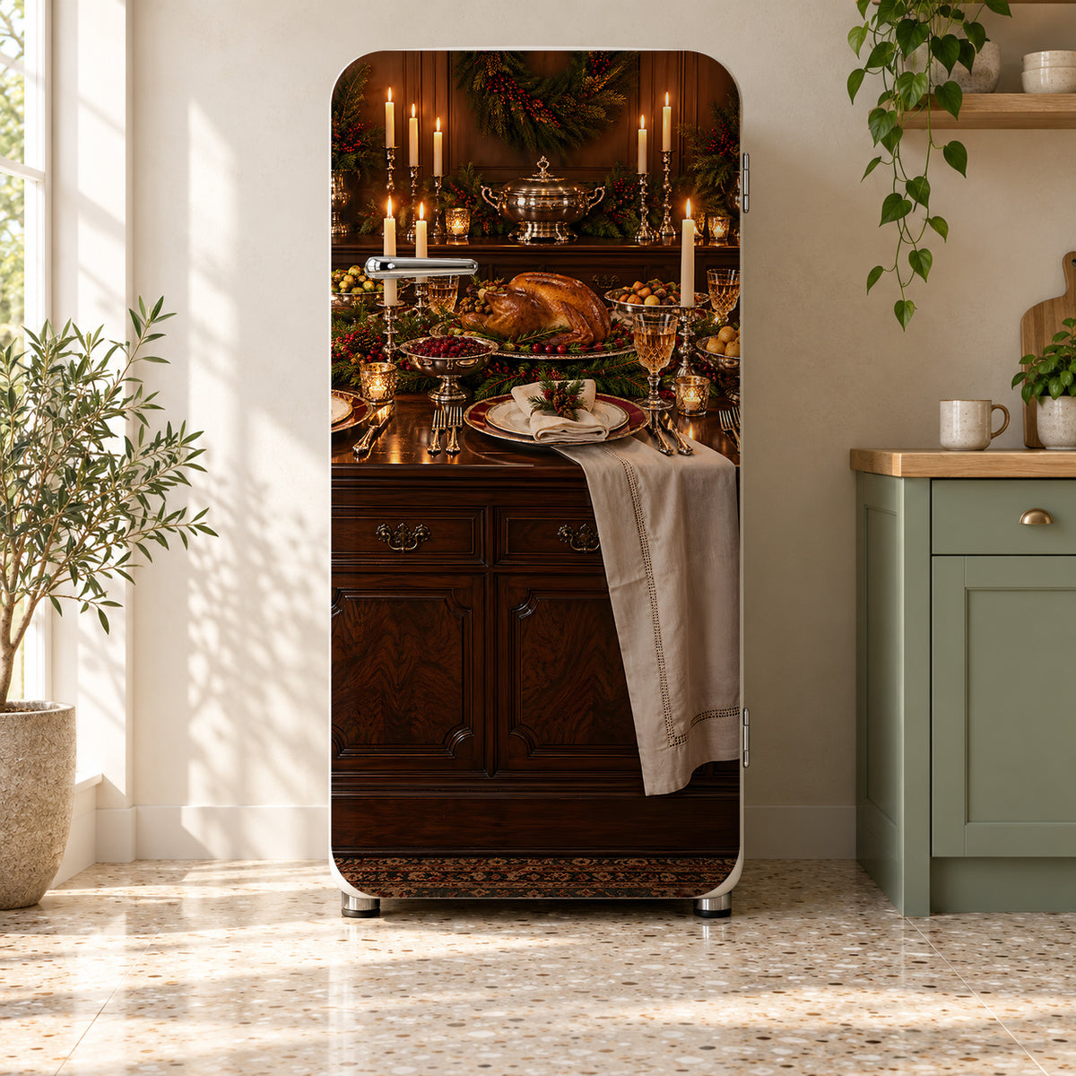 Christmas Supper Club Table fridge wrap on a retro refrigerator
