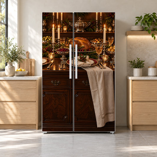 Christmas Supper Club Table fridge wrap on a side-by-side refrigerator