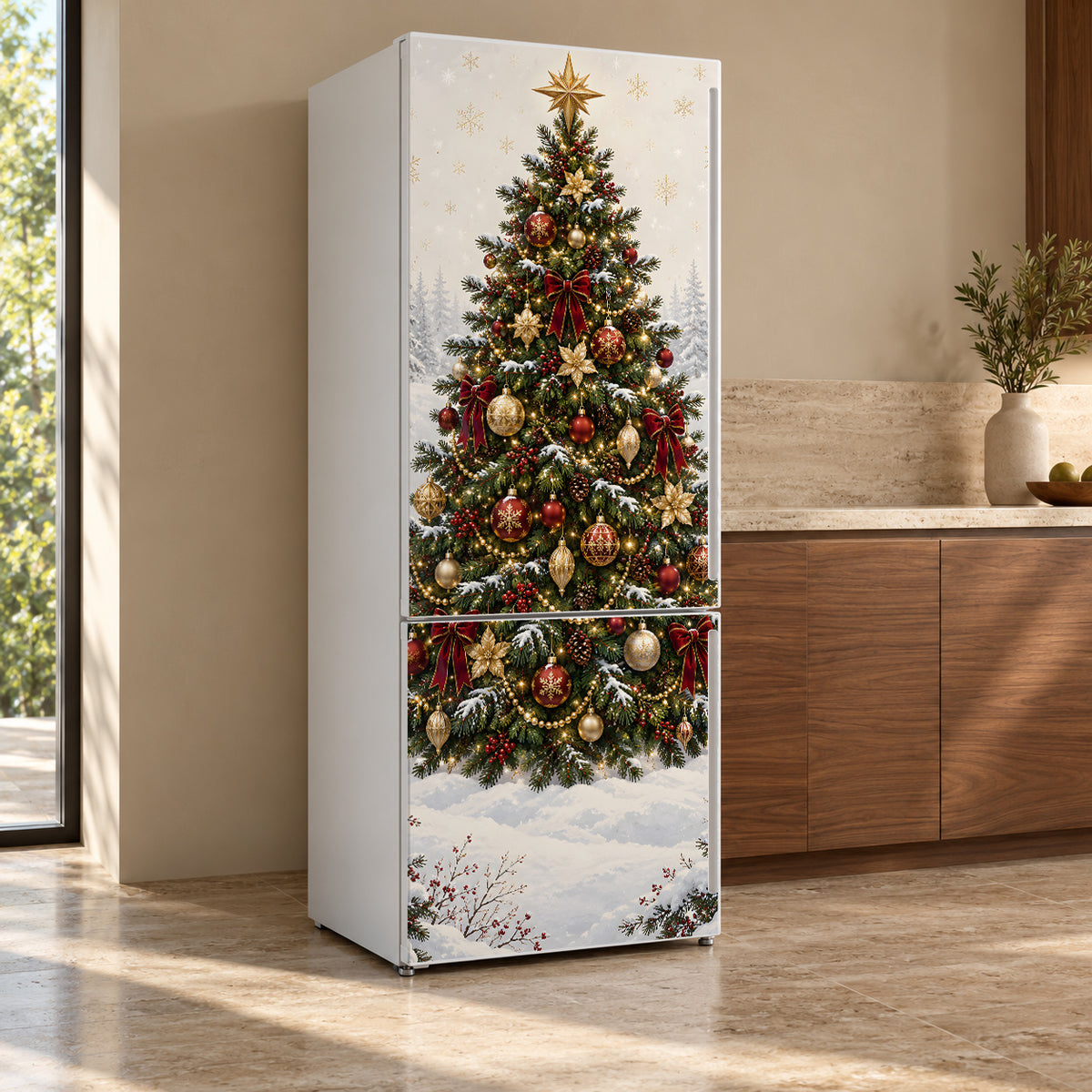Christmas Tree fridge wrap, refrigerator shown at an angle