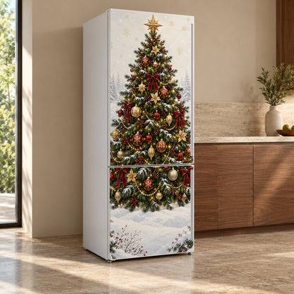 Christmas Tree fridge wrap, refrigerator shown at an angle