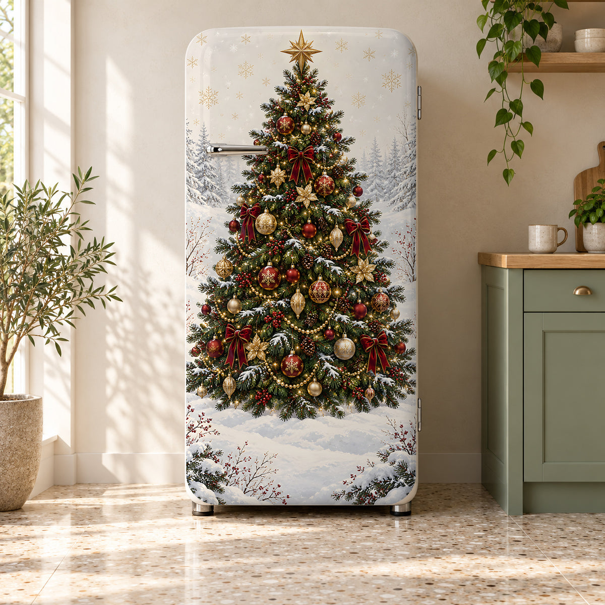 Christmas Tree fridge wrap on a retro refrigerator